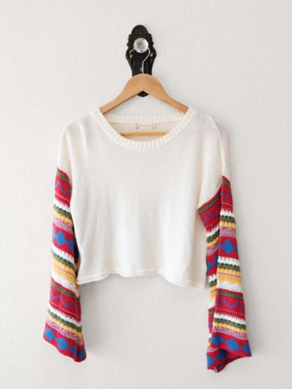 Altar’d State Cropped Sweater Small White Boho Bell Sleeve Rainbow Knit Festival